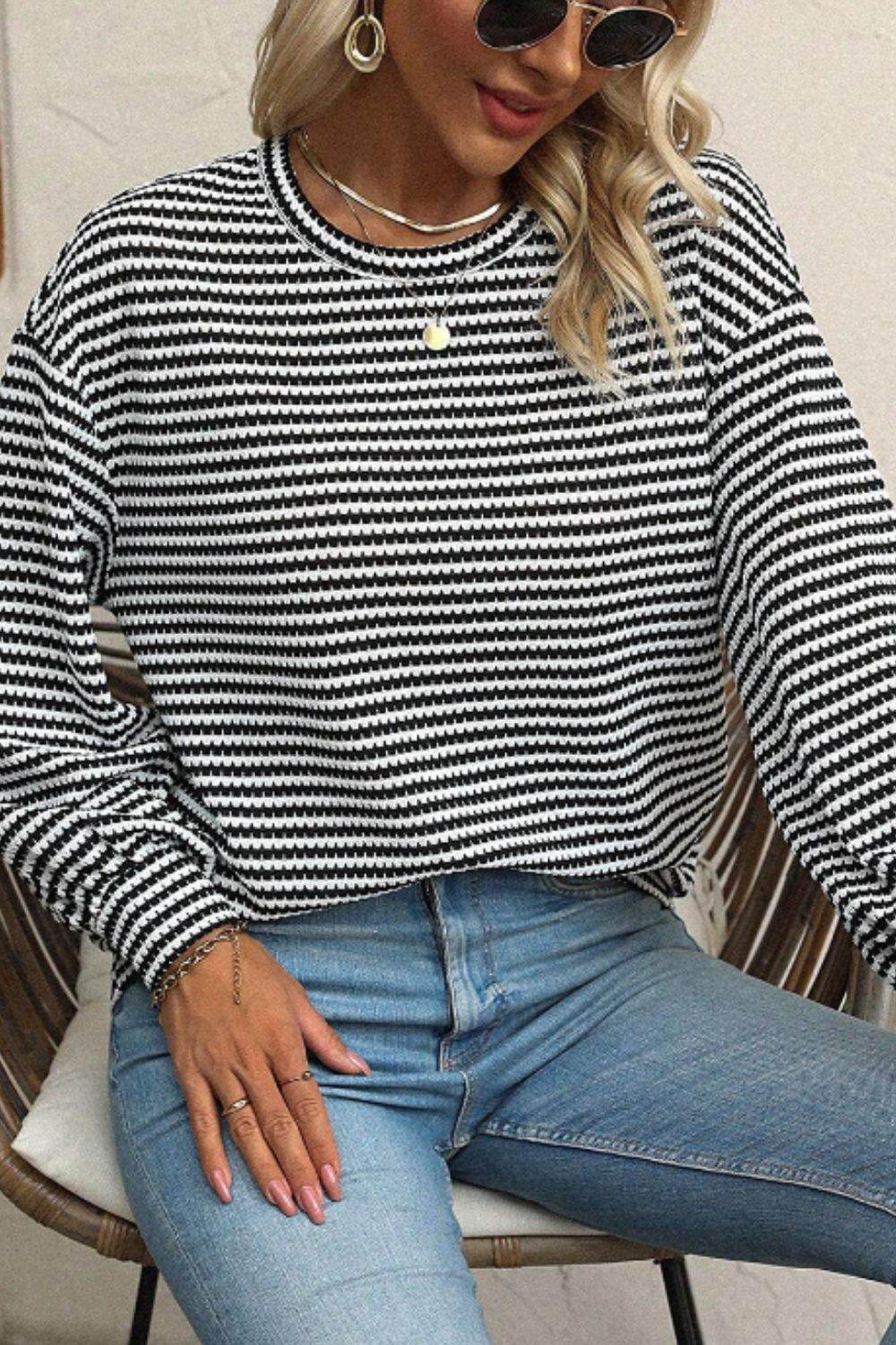 Striped Round Neck Long Sleeve Top Black for a perfect OOTD – dress to impress outfits from Amexza