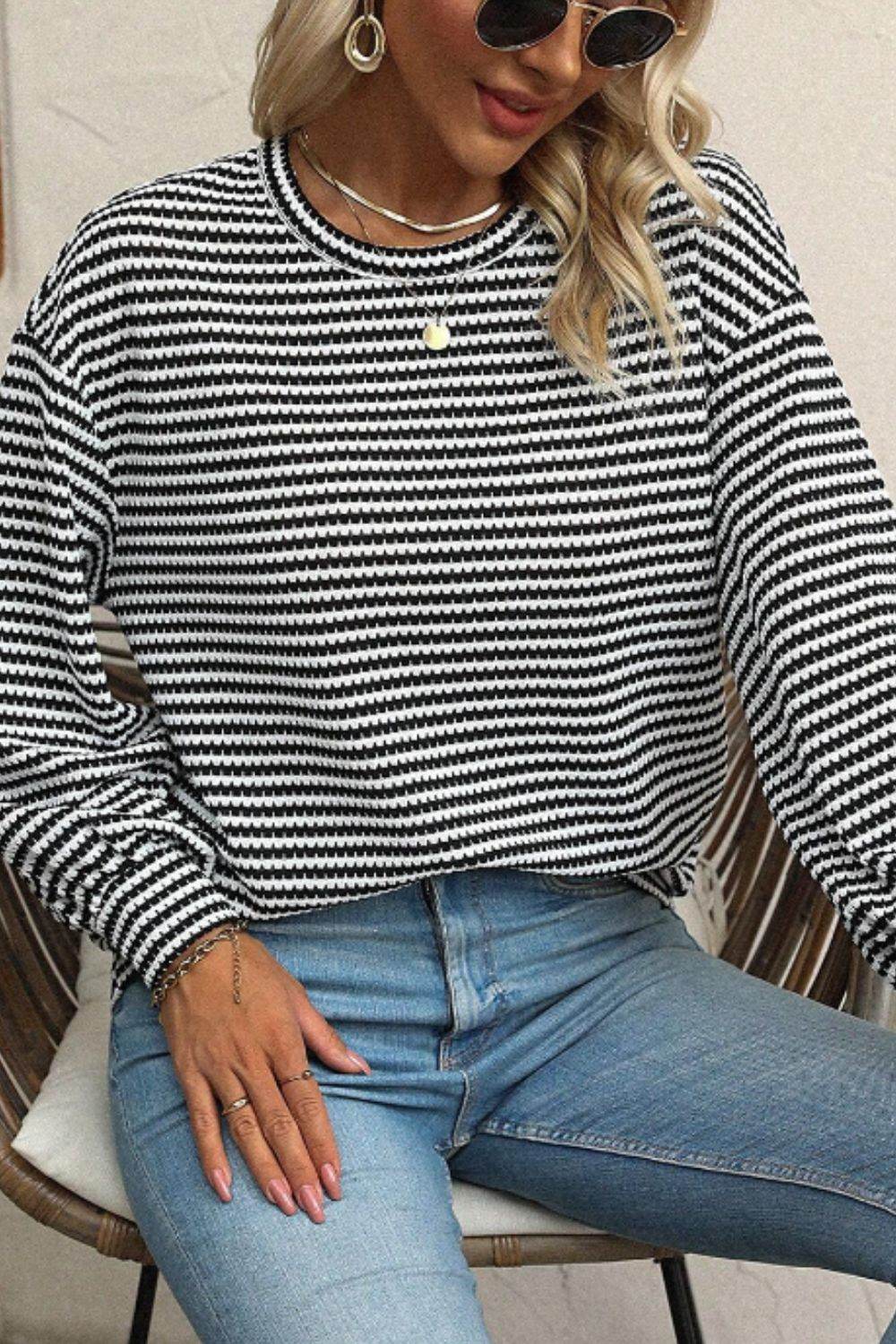 Striped Round Neck Long Sleeve Top - Amexza