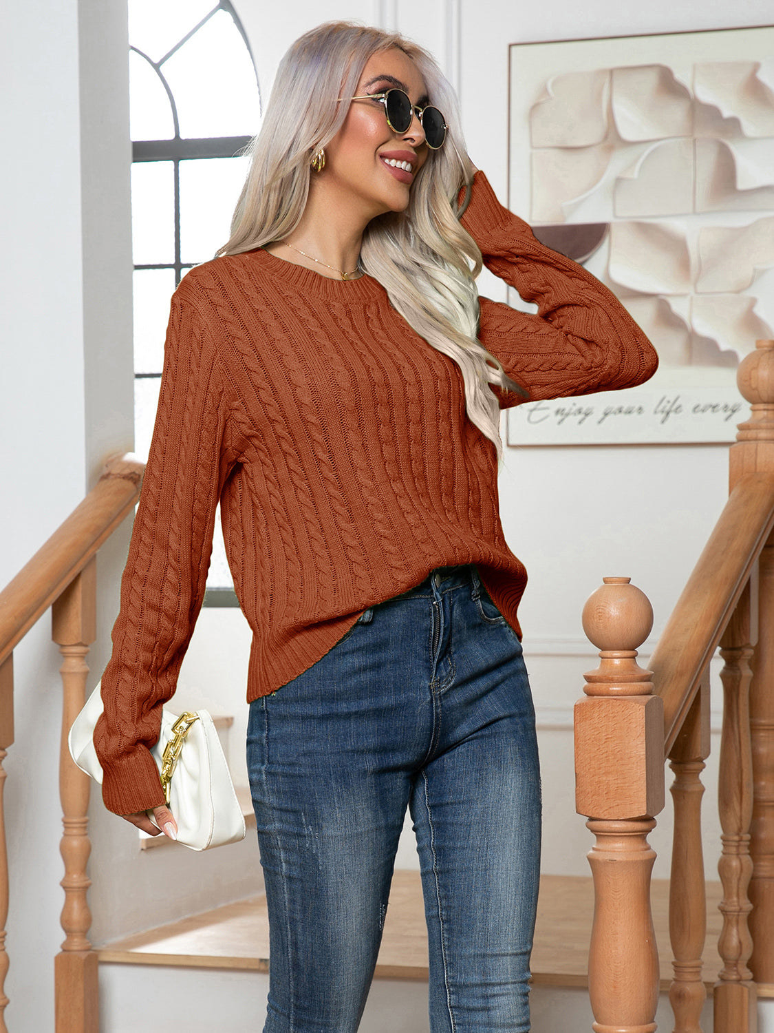 Cable-Knit Round Neck Long Sleeve Sweater for a perfect OOTD – dress to impress outfits from Amexza