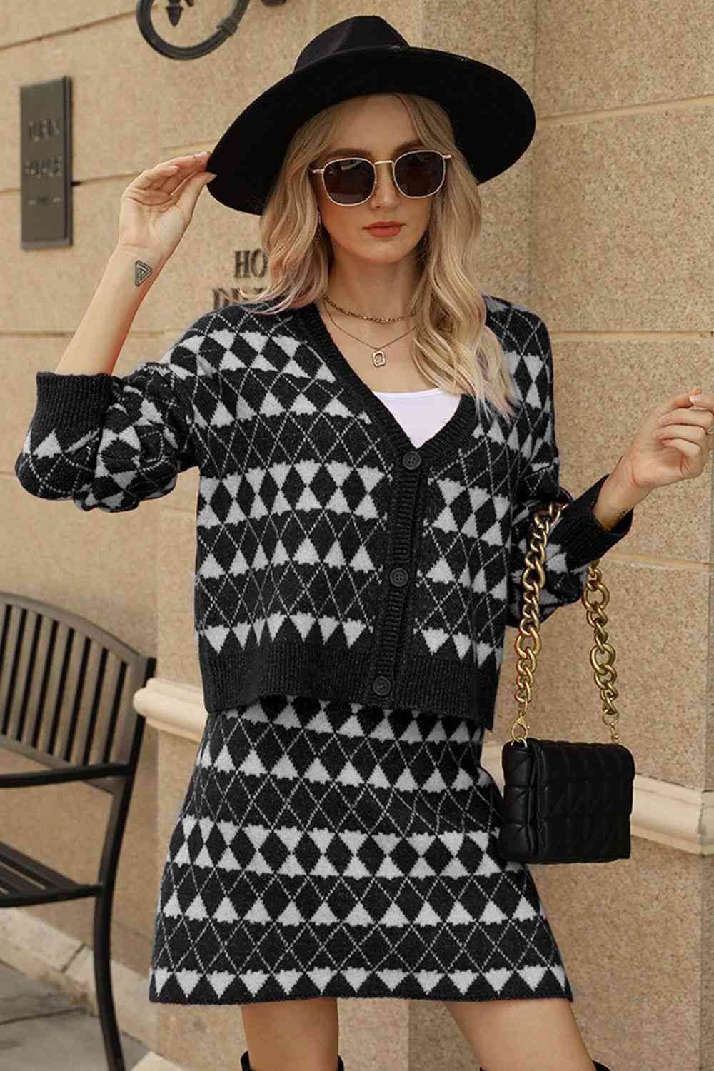 Geometric Dropped Shoulder Cardigan and Knit Skirt Set Black for a perfect OOTD – dress to impress outfits from Amexza