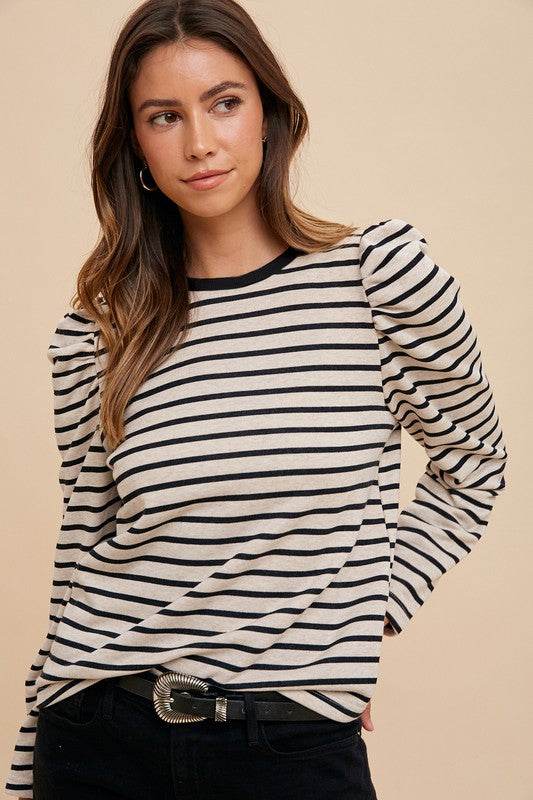 Annie Wear Striped Round Neck Puff Sleeve French Terry Top - Amexza