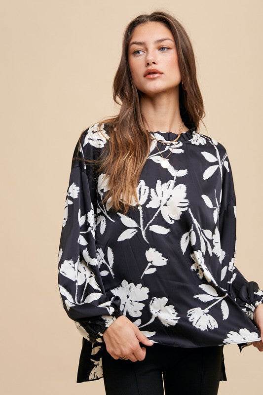 Annie Wear Frill Printed Balloon Sleeve Blouse Black for a perfect OOTD – dress to impress outfits from Amexza