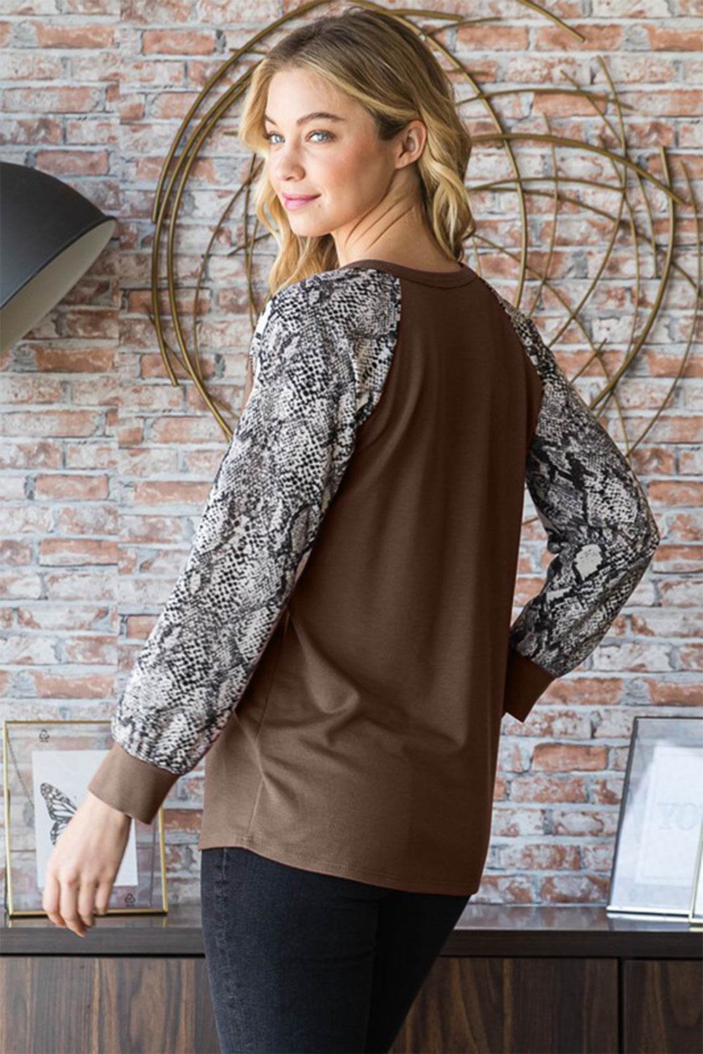 Heimish Full Size Snakeskin Print Raglan Sleeve Half Button Top for a perfect OOTD – dress to impress outfits from Amexza