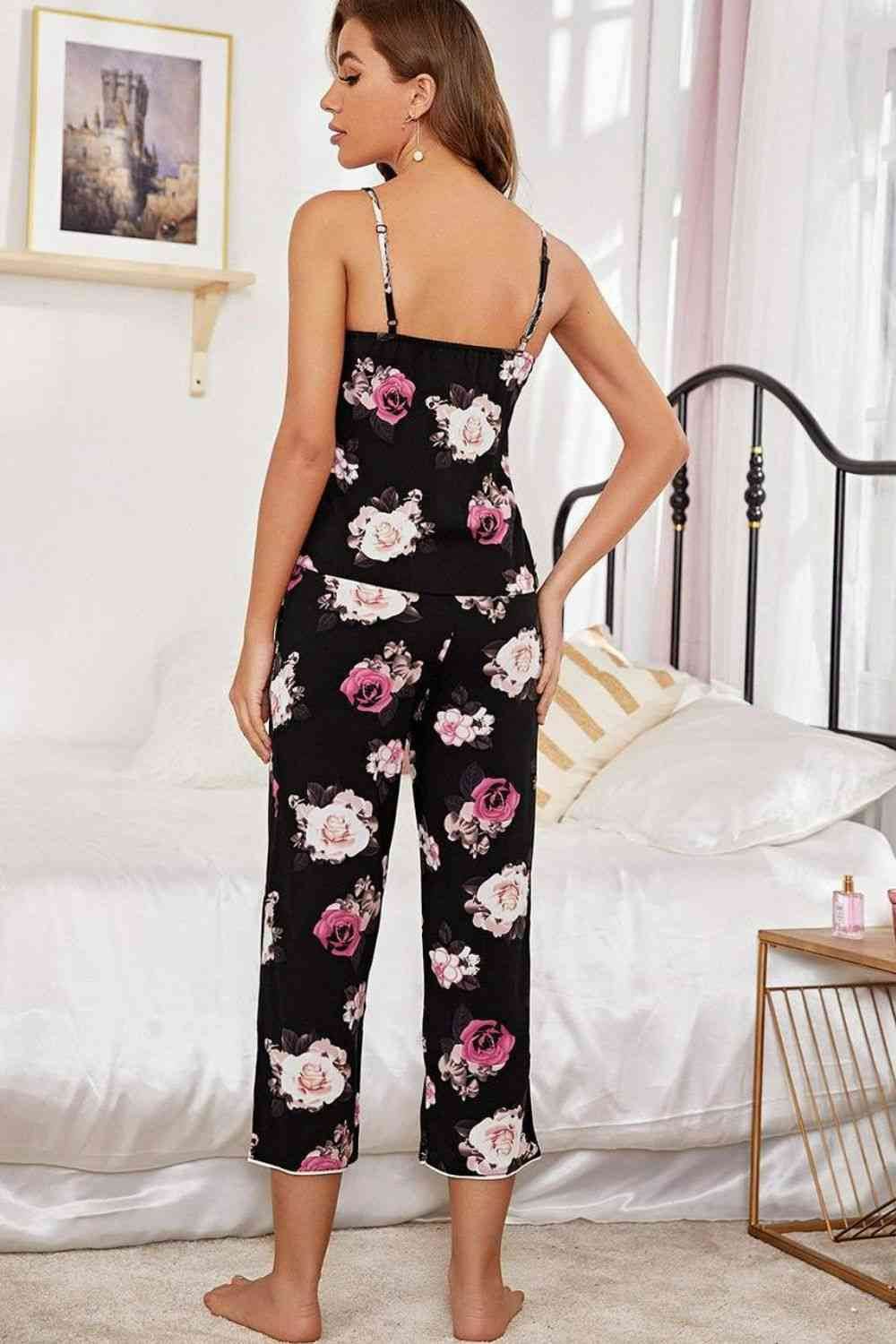 Floral V-Neck Cami and Cropped Pants Lounge Set for a perfect OOTD – dress to impress outfits from Amexza