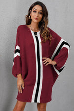 Ribbed Round Neck Long Sleeve Sweater Dress Burgundy for a perfect OOTD – dress to impress outfits from Amexza