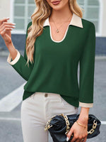 Contrast Collared Neck Long Sleeve Top - Amexza
