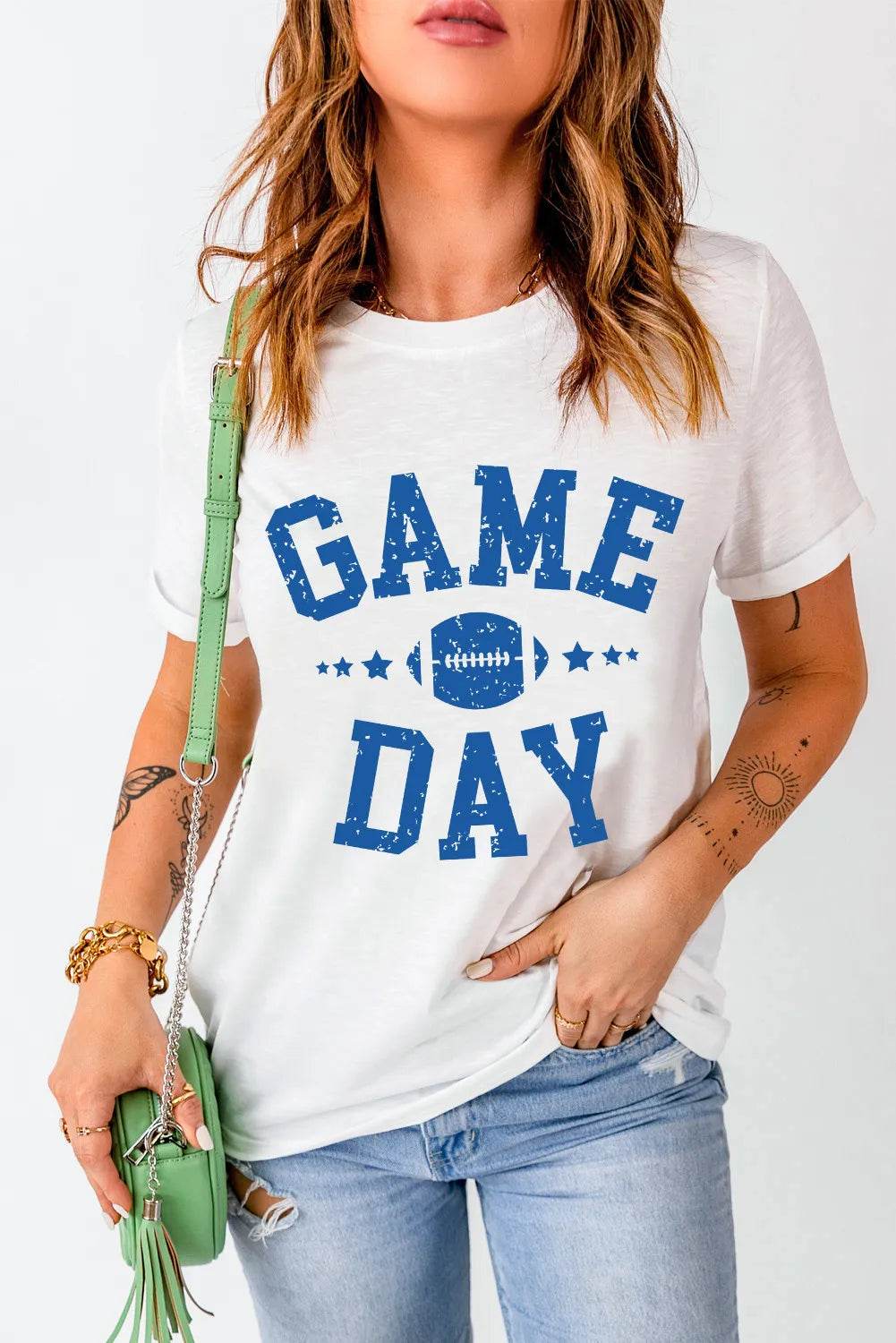 GAME DAY Round Neck Short Sleeve T-Shirt White for a perfect OOTD – dress to impress outfits from Amexza