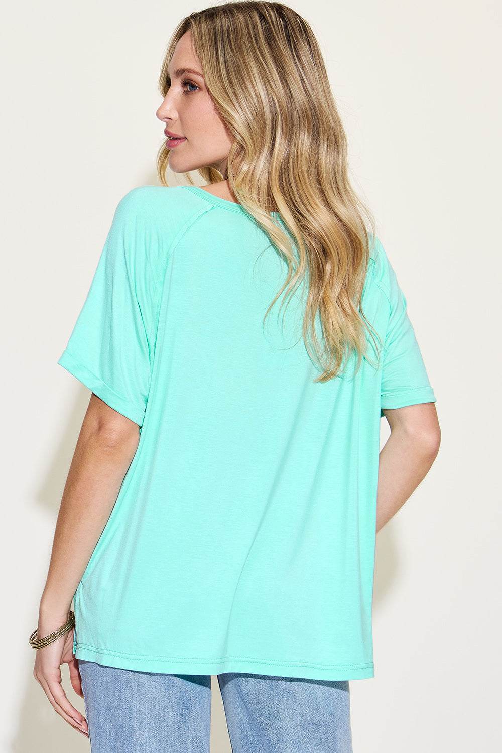 Basic Bae Full Size Bamboo Slit V-Neck Short Sleeve T-Shirt for a perfect OOTD – dress to impress outfits from Amexza