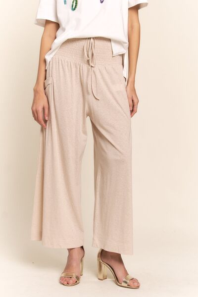 J.NNA Smocked Waist Boho Wide Leg Pants with Pockets Light Beige for a perfect OOTD – dress to impress outfits from Amexza