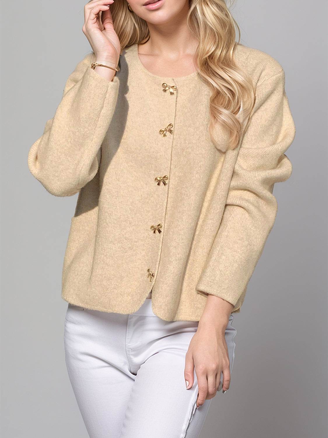 Bow Button Down Round Neck Long Sleeve Cardigan Tan One Size for a perfect OOTD – dress to impress outfits from Amexza