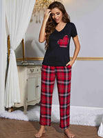 Heart Graphic V-Neck Top and Plaid Pants Lounge Set for a perfect OOTD – dress to impress outfits from Amexza