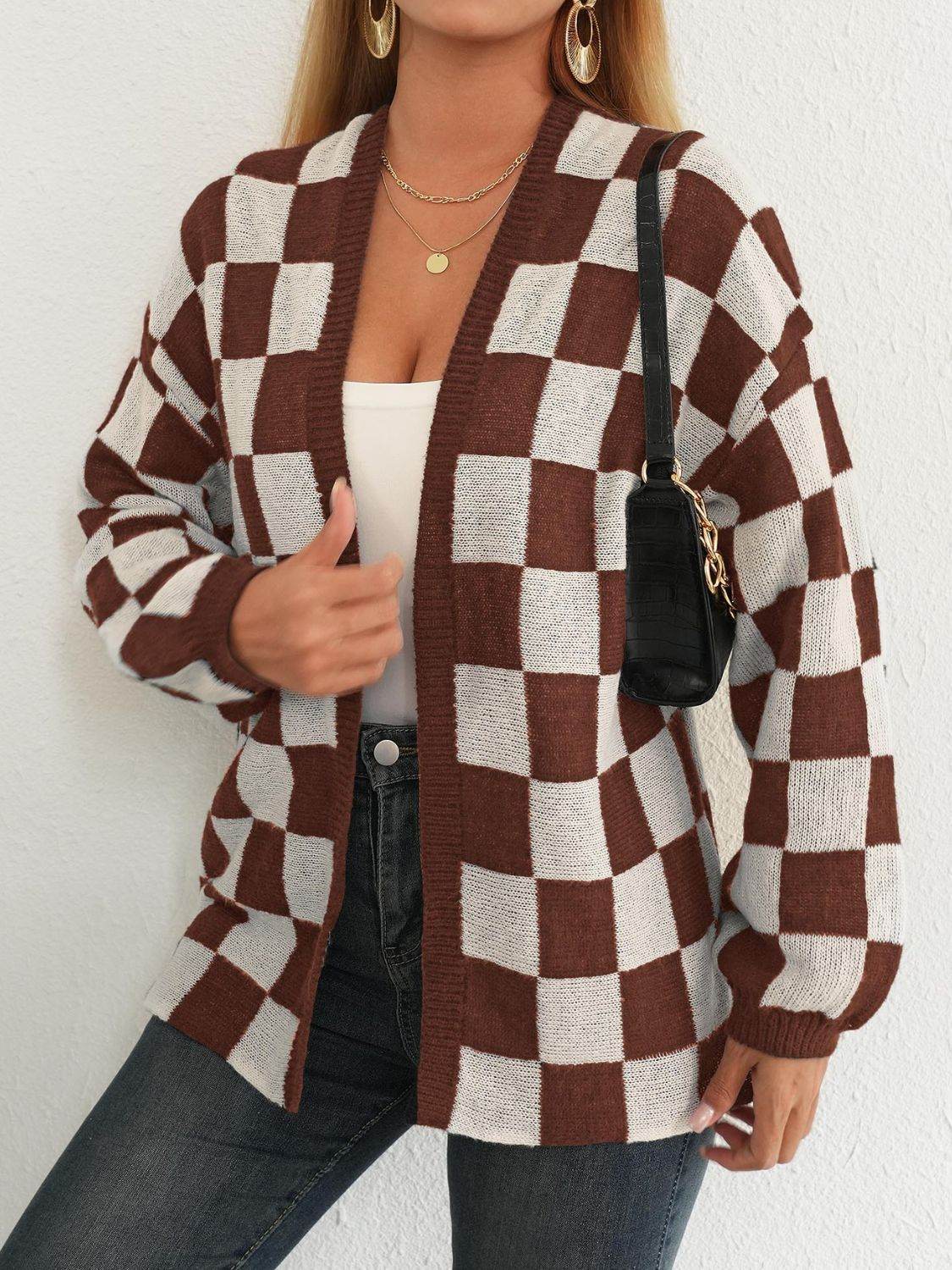 Checkered Open Front Long Sleeve Cardigan for a perfect OOTD – dress to impress outfits from Amexza