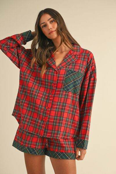 Annie Wear Contrast Plaid Long Sleeve Top and Shorts Set Red for a perfect OOTD – dress to impress outfits from Amexza