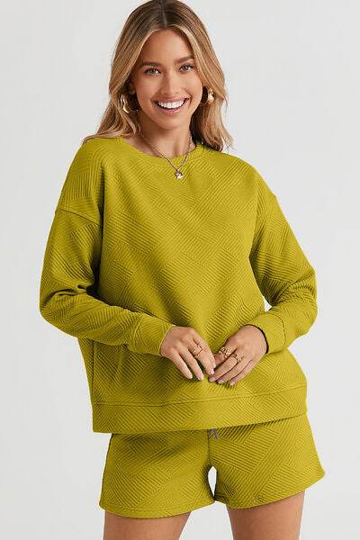 Double Take Full Size Texture Long Sleeve Top and Drawstring Shorts Set Chartreuse for a perfect OOTD – dress to impress outfits from Amexza