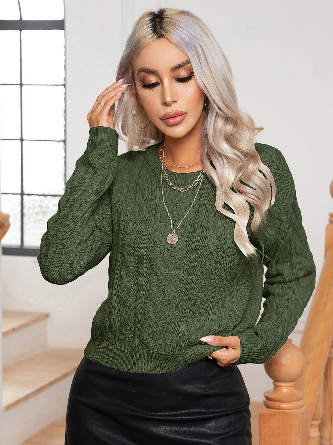 Cable-Knit Round Neck Long Sleeve Sweater for a perfect OOTD – dress to impress outfits from Amexza