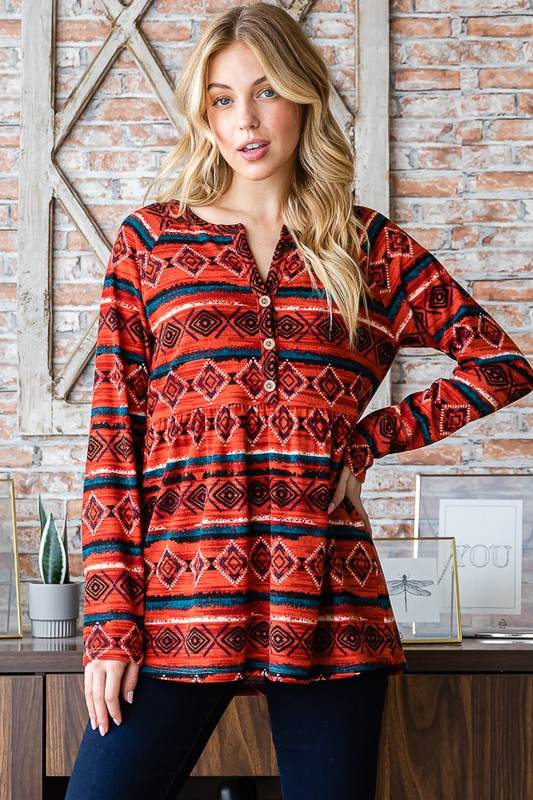 Heimish Full Size Geometric Button Detail Long Sleeve Babydoll Top for a perfect OOTD – dress to impress outfits from Amexza