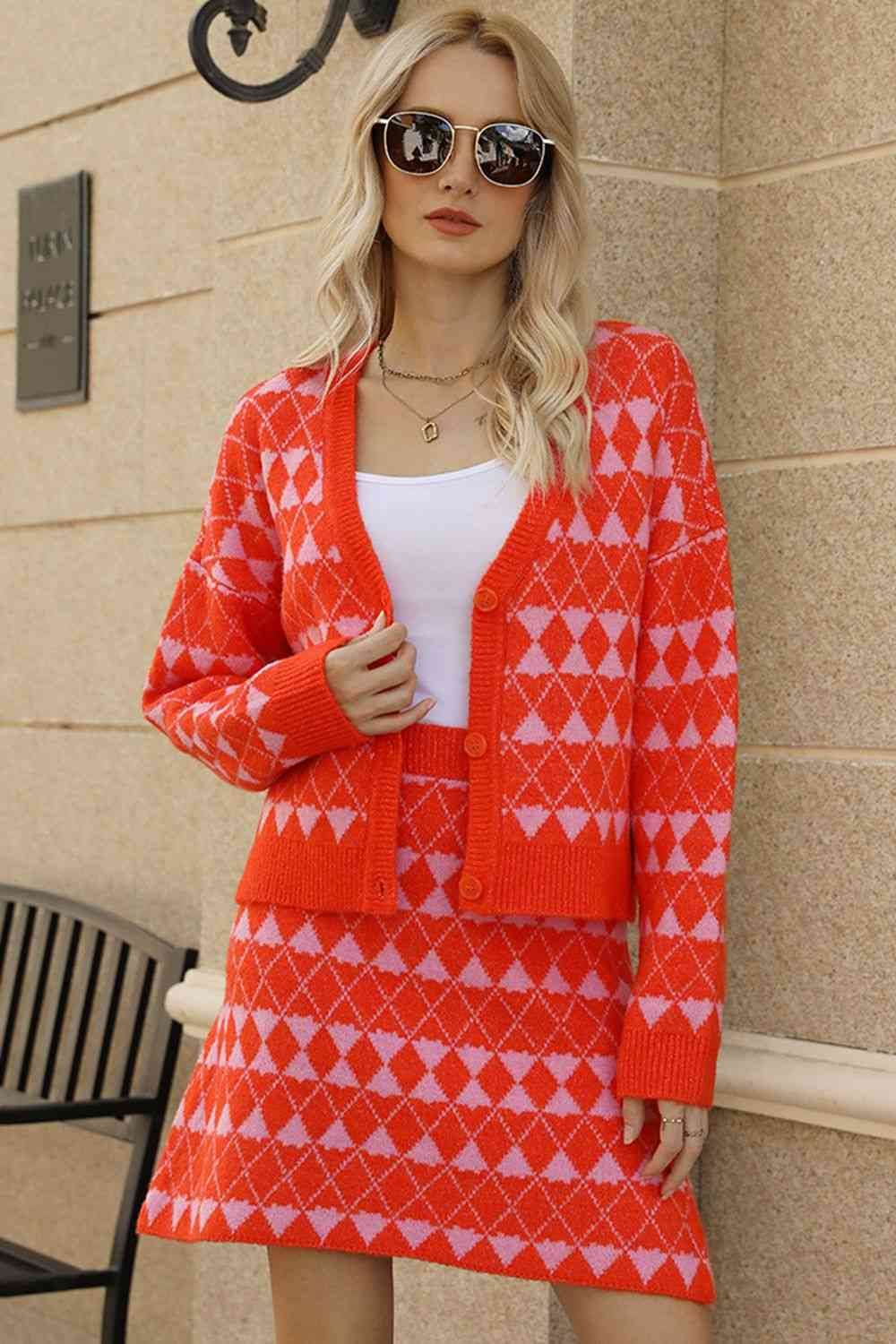 Geometric Dropped Shoulder Cardigan and Knit Skirt Set Orange for a perfect OOTD – dress to impress outfits from Amexza