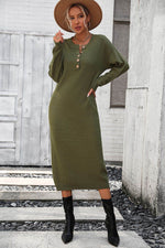 Decorative Button Notched Dropped Shoulder Sweater Dress Army Green for a perfect OOTD – dress to impress outfits from Amexza