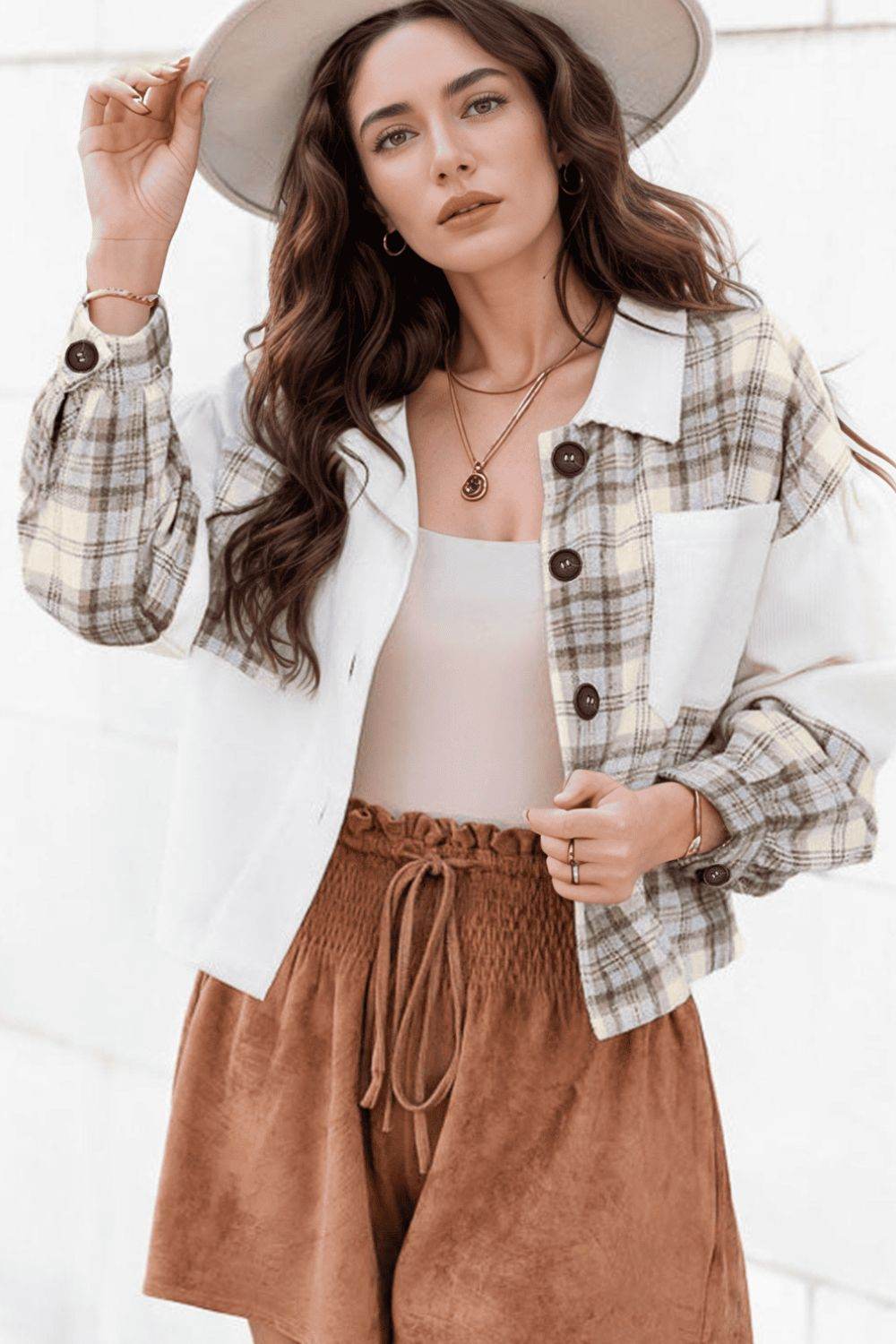 Corduroy Plaid Button Up Drop Shoulder Shacket White for a perfect OOTD – dress to impress outfits from Amexza