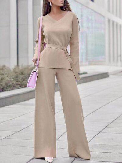 V-Neck Long Sleeve Top and Drawstring Pants Sweater Set Tan One Size for a perfect OOTD – dress to impress outfits from Amexza