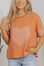 Stud Heart Patch Round Neck Short Sleeve T-Shirt - Amexza