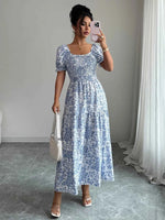 Smocked Printed Short Sleeve Dress