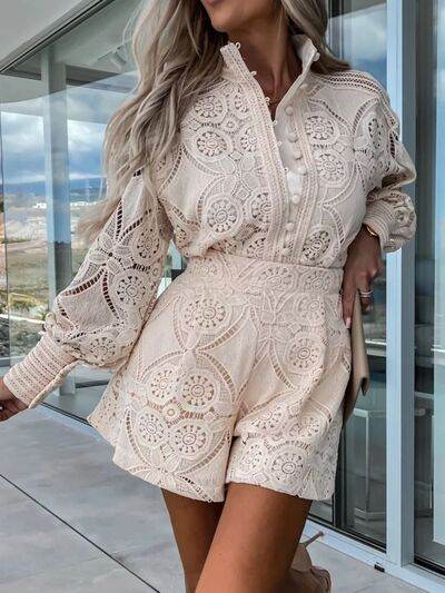 Lace Button Detail Long Sleeve Top and Shorts Set - Amexza