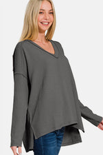 Zenana Texture Exposed Seam V-Neck Long Sleeve T-Shirt - Amexza