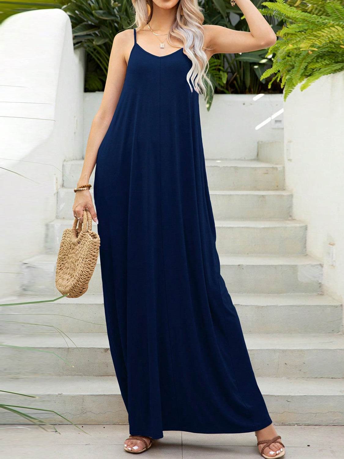 V-Neck Maxi Cami Dress with Pockets Indigo for a perfect OOTD – dress to impress outfits from Amexza