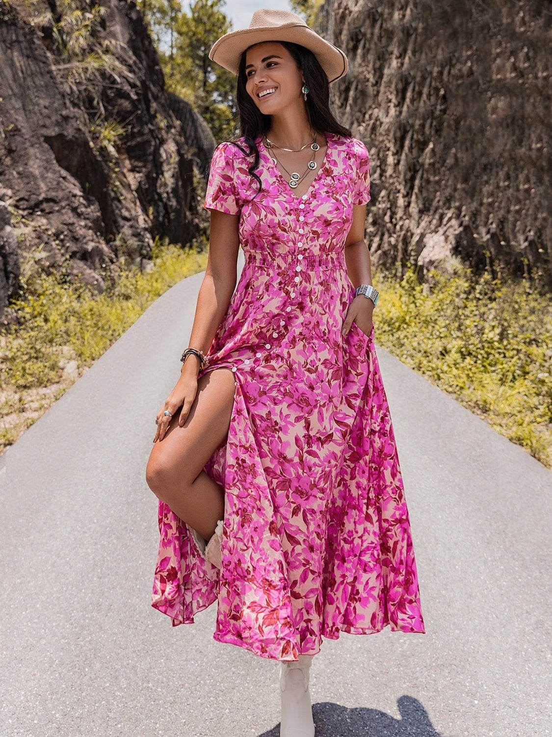 Floral V-Neck Slit Dress - Amexza
