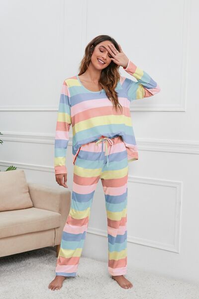 Striped Round Neck Long Sleeve Top and Drawstring Pants Lounge Set for a perfect OOTD – dress to impress outfits from Amexza