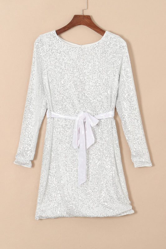 Sequin Tie Front T-Shirt Dress - Ivory / S