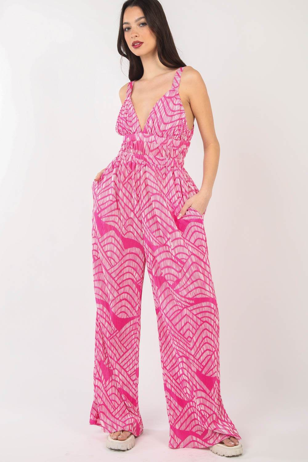 VERY J Printed Pleated Sleeveless Wide Leg Jumpsuit for a perfect OOTD – dress to impress outfits from Amexza