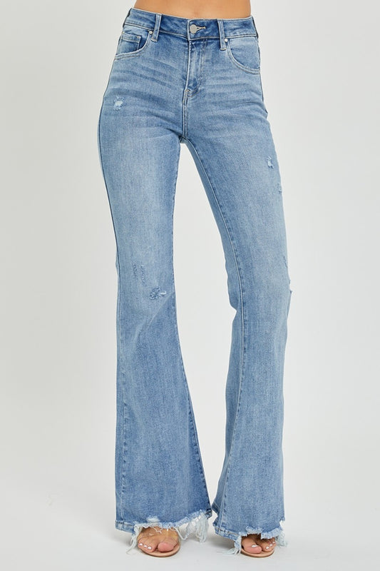 Risen Full Size High Rise Frayed Hem Flare Jeans - Light / 0(24)