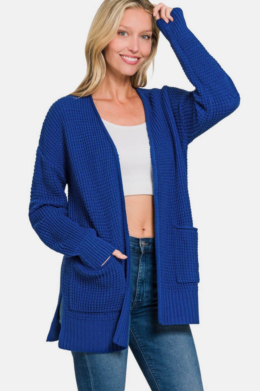 Zenana Waffle Open Front Sweater Cardigan LT Navy for a perfect OOTD – dress to impress outfits from Amexza