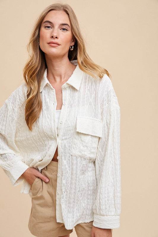 Annie Wear Openwork Button Down Drop Shoulder Shirt for a perfect OOTD – dress to impress outfits from Amexza