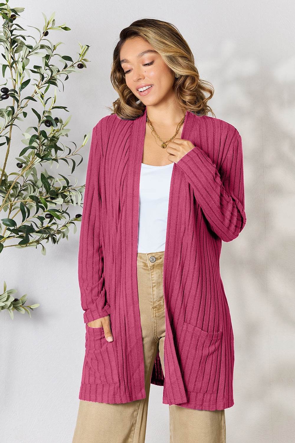 Basic Bae Full Size Ribbed Open Front Cardigan with Pockets for a perfect OOTD – dress to impress outfits from Amexza