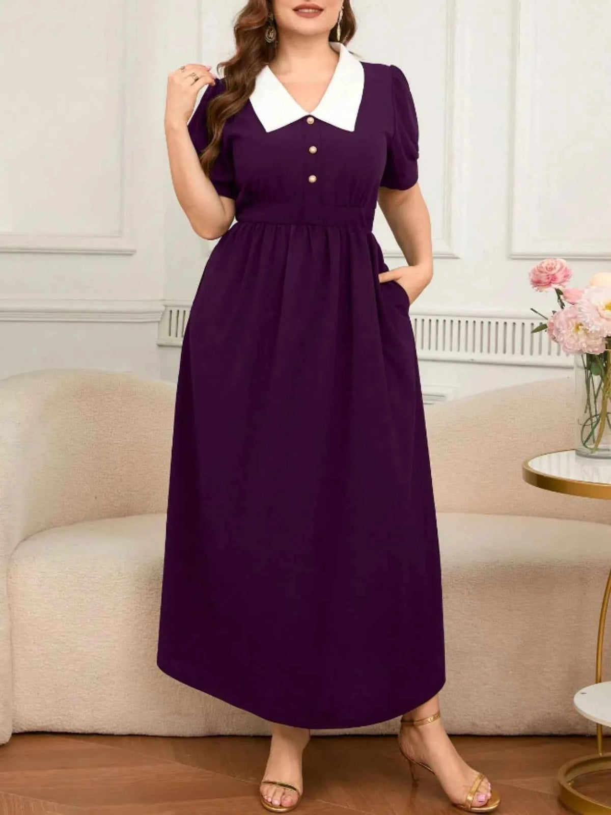 Plus Size Contrast Collar Short Sleeve Dress