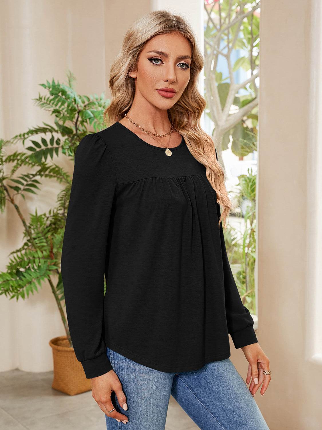 Ruched Round Neck Long Sleeve Blouse for a perfect OOTD – dress to impress outfits from Amexza