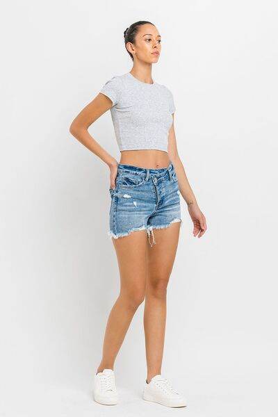 Lovervet Stepped Waist Raw Hem Denim Shorts - Amexza