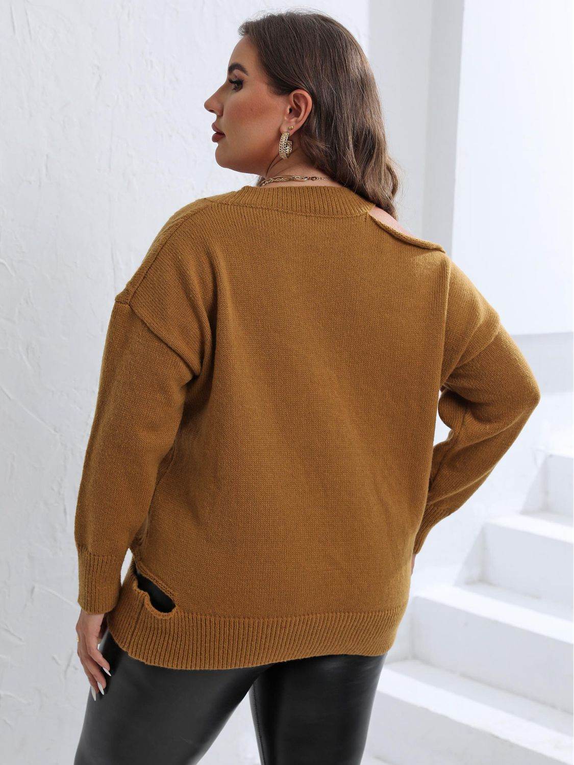 Plus Size Cutout V-Neck Sweater for a perfect OOTD – dress to impress outfits from Amexza