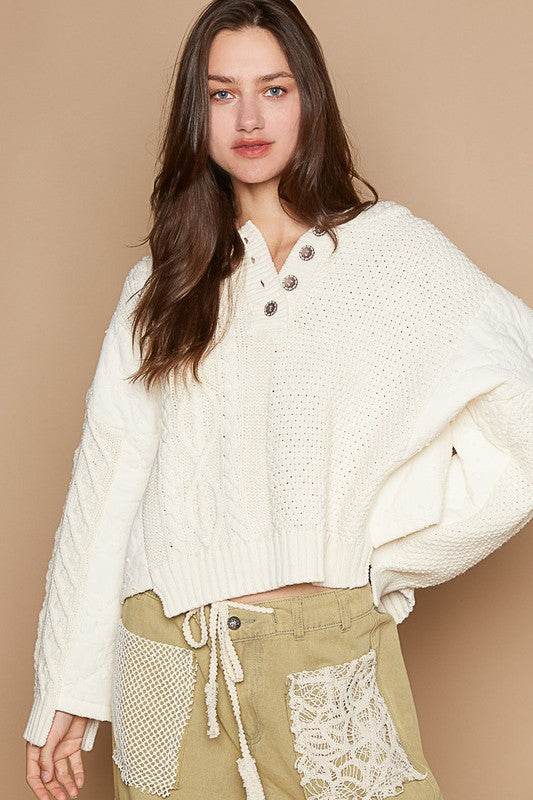 POL Cable-Knit Quarter Button Hooded Sweater - Amexza