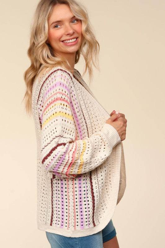 Haptics Full Size Striped Crochet Open Front Cardigan for a perfect OOTD – dress to impress outfits from Amexza