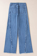 Raw Hem Wide Leg Jeans with Pockets - Amexza