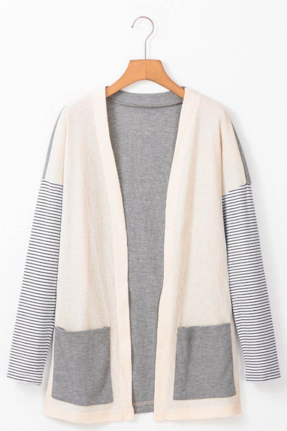 Open Front Long Sleeve Striped Cardigan with Pockets - Amexza