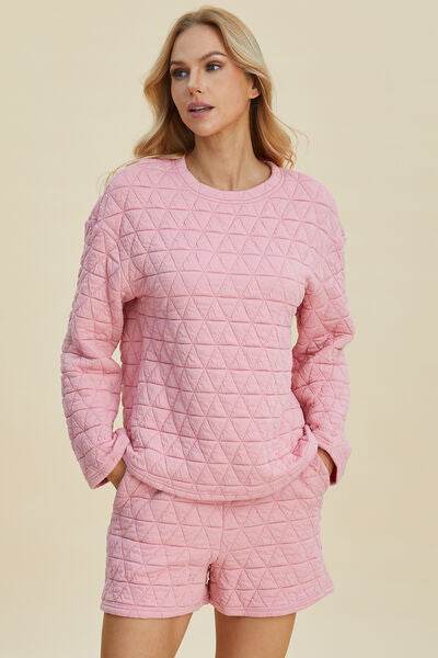 Double Take Full Size Texture Round Neck Long Sleeve Top and Shorts Set for a perfect OOTD – dress to impress outfits from Amexza