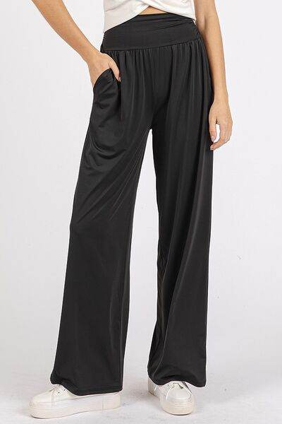 Mittoshop Stretch Banded Waist Wide Leg Pants with Pockets Black for a perfect OOTD – dress to impress outfits from Amexza