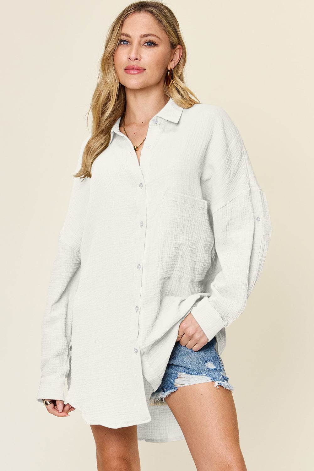 Double Take Full Size Pocketed Texture Button Up Shirt for a perfect OOTD – dress to impress outfits from Amexza