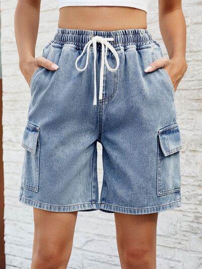 Drawstring Denim Shorts with Pockets Dusty Blue for a perfect OOTD – dress to impress outfits from Amexza