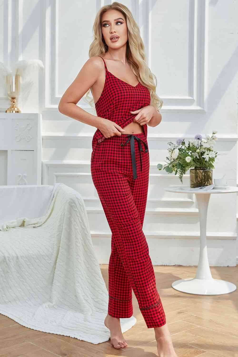 Gingham V-Neck Cami and Tied Pants Lounge Set - Amexza